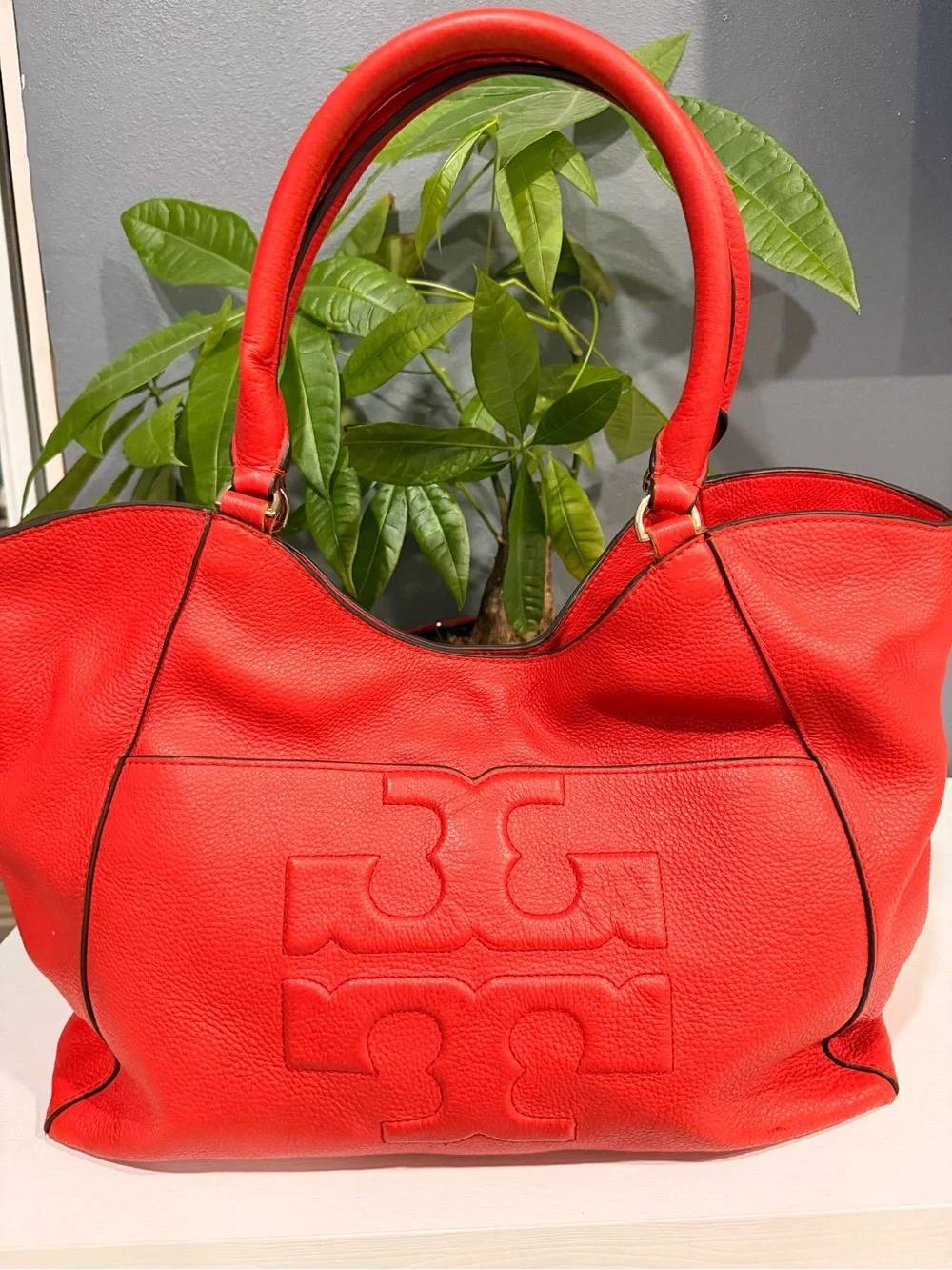 Tory Burch Bright Dark Red Pebbled Leather Tote